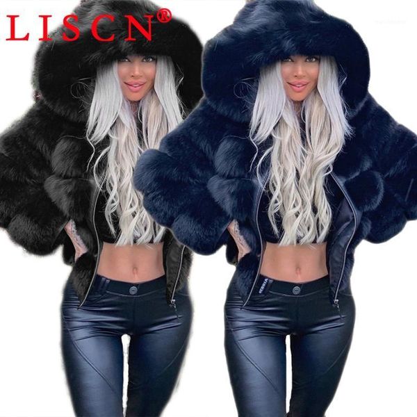 

women plus size clothing 2021 black fur coat for wome faux fur coat hooded autumn winter warm k57451