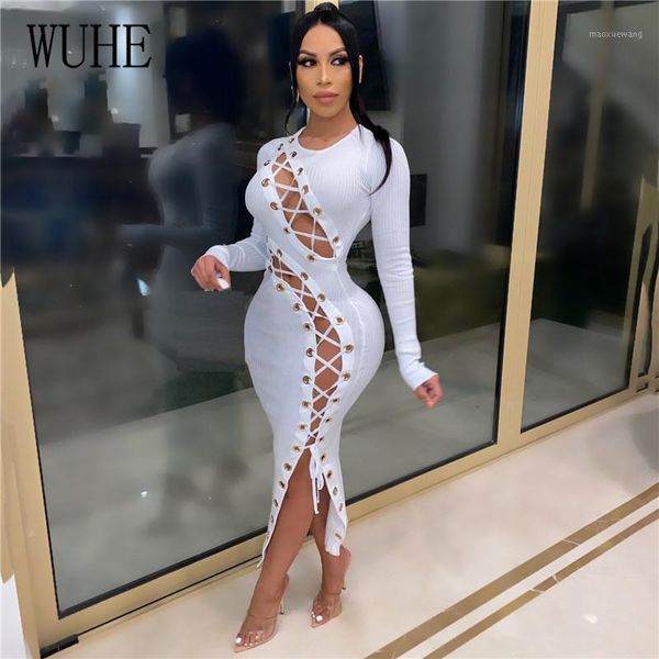 

wuhe hollow out eyelet lace up maxi dress rib knit women long sleeve white split bandage club party dress festival vestidos1, Black;gray