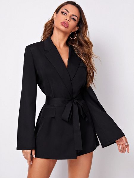 

notched collar belted blazer dress j9vq#, White;black