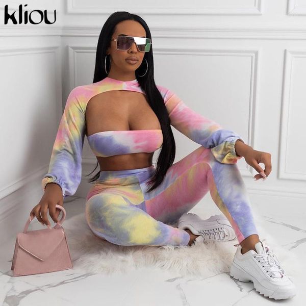 

kliou 2020 new tracksuit women long sleeve crop leggings 3 piece sets sporty fitness workout tie dye print club skinny1, White