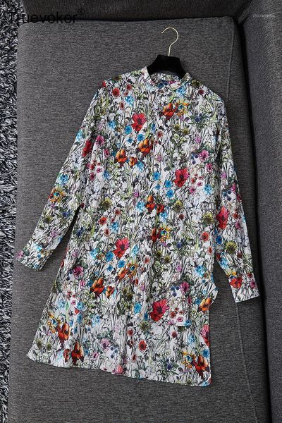 

truevoker runway high end fashion shirt women's full sleeves multicolor floral print cotton long blouses1, White