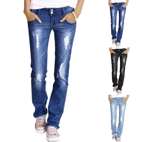 

women casual jeans women's ripped jeans mid waist hole bleached vintage full length denim pencil pants 20201, Blue