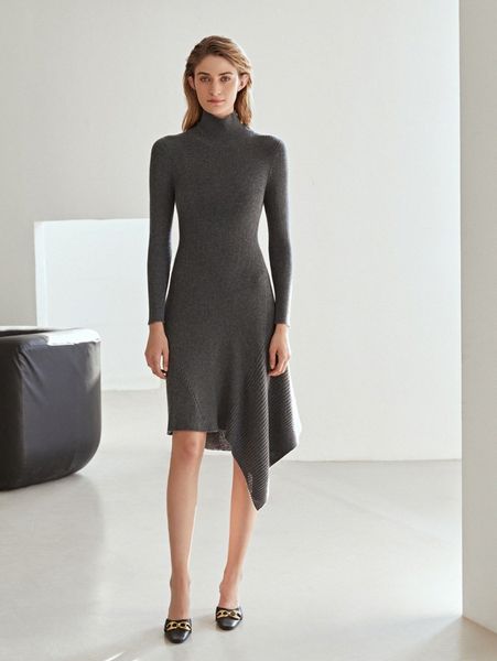 

motf premium wool mix asymmetrical sweater dress t763#, Black;gray