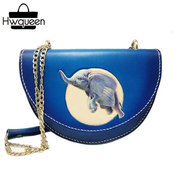 

semicircle designer genuine leather women's small blue hand stitched engraved purse female single cross shoulder bag