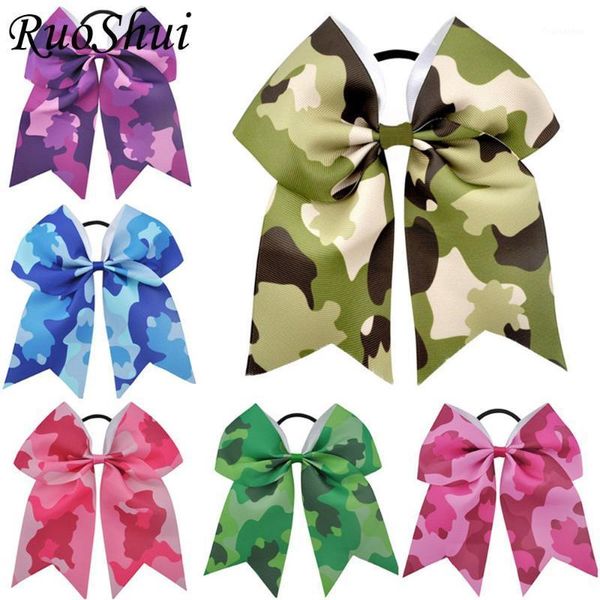 

7 inch large camouflage printed cheerleading bow grosgrain ribbon bows elastic band ponytail holder women/girls hair accessories1, Slivery;white