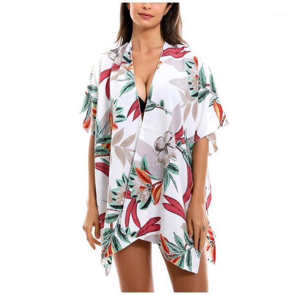 

2020 summer beach dress chiffon printed casual loose beach swimsuit cover-ups swimwear kimono cardigan bikini cover ups women1, White;black