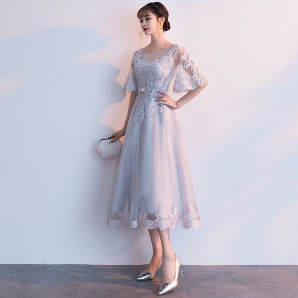 

robe de soiree new arrival gery luxury o-neck half sleeve embroidery lace up evening dresses a-line tea length formal dress, Black;red