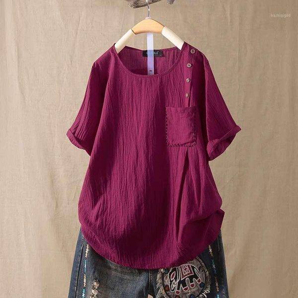 

plus size women summer blouse 2020 fashion pleated casual short sleeve tee shirts female o neck button blusas solid tunic1, White