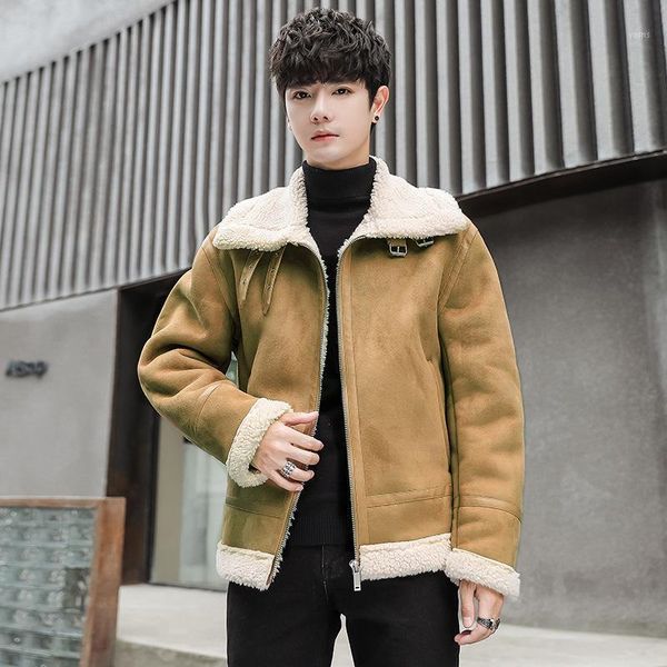 

winter cashmere thickened cotton coat men's lambs cashmere work clothes cotton clothes lambs wool jacket coat1, Black