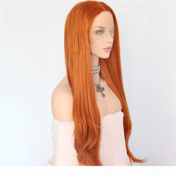 

orange copper color natural straight hair glueless synthetic lace front wigs for women heat resistant fiber hair 22inch, Black