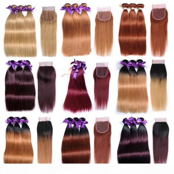 

ombre human hair bundles with closure straight hair t1b 27 33 99j bug burgundy red color quality peruvian virgin hair 3 bundles with closure, Black;brown