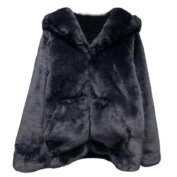 

2020 new winter loose solid color women faux fur overcoat fashion casual female outerwear warm ladies coat, Black