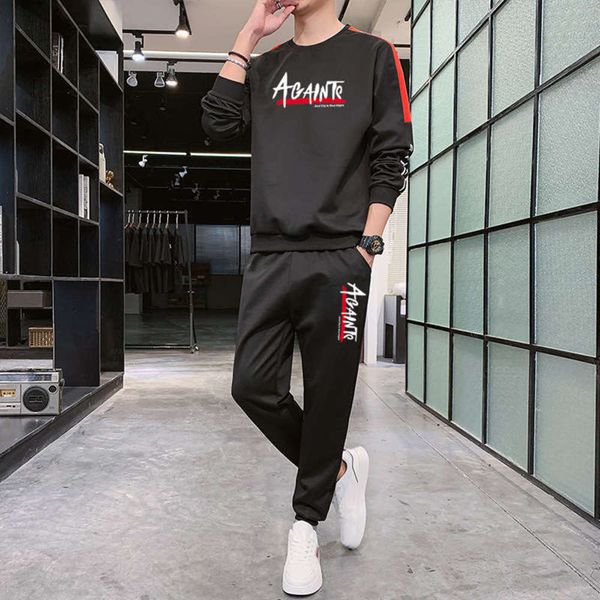 

suit autumn 2020 new style sweater men's fashion long sleeve bottoming shirt pants casual suit men's personalized men's wear, Black