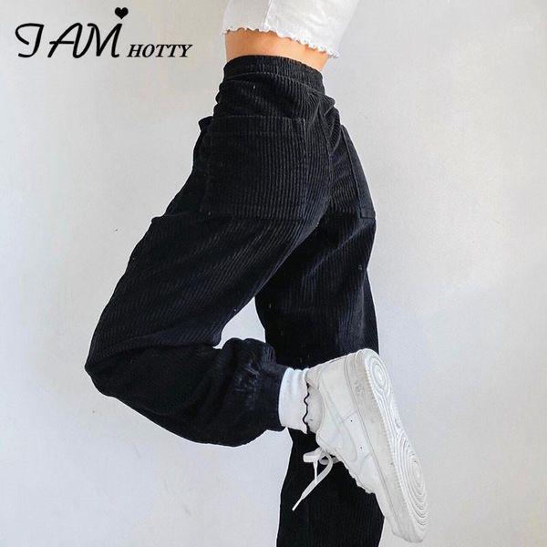 

casual sports joggers cargo corduroy pants women vintage loose streetwear high waist korean style black soft trousers iamy1, Black;white