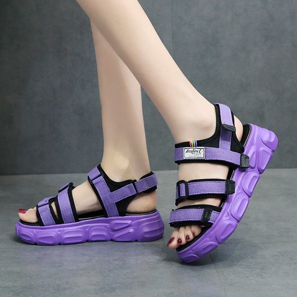 

rimocy purple canvas flat sandals for women summer 2020 high platform hook loop shoes woman comfortable casual beach sandalias, Black