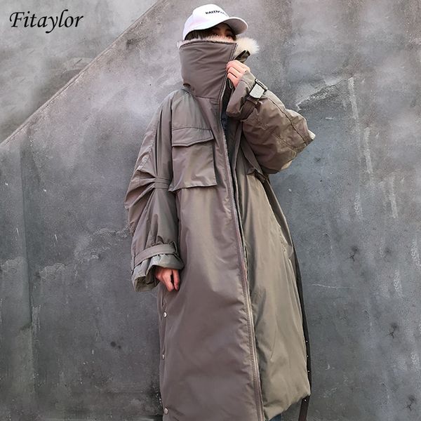 Fitaylor Frauen Große Natürliche Fuchs Pelz Mit Kapuze Jacken Winter Weiße Ente Unten Parkas Casual Lose Mäntel Warme Gürtel Schnee Outwear 201023