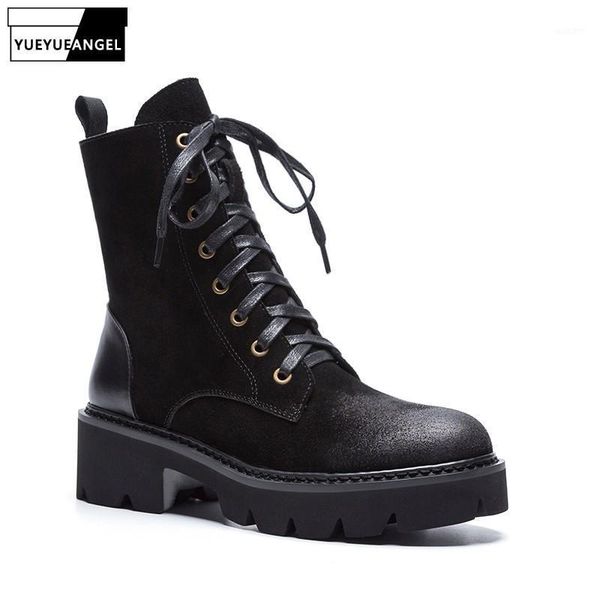 

boots british fashion women laec up cow suede leather ankle high thick platform shoes casual punk motorcycle biker boots1, Black