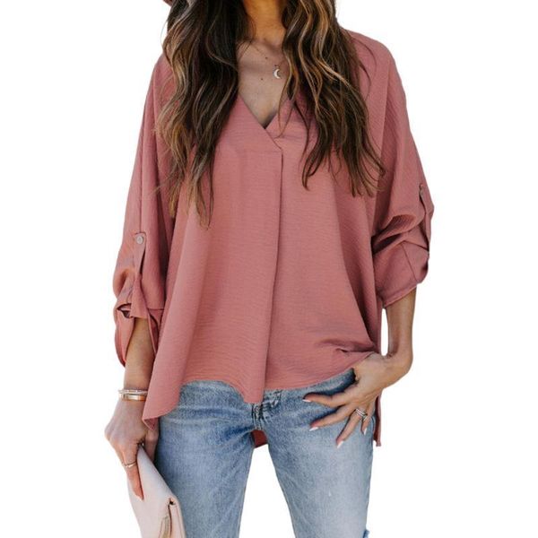 

women's blouses & shirts autumn style european and american fashion solid color v-neck long-sleeved casual loose shirt women, White