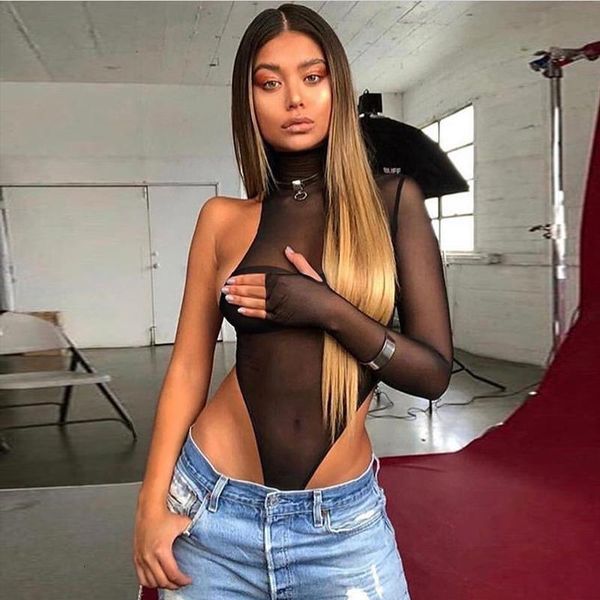 

black mesh bodysuit with gloves one shoulder backless sheer rompers womens jumpsuit long sleeve party club see through, Black;white