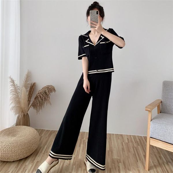 

the new spring and summer to film the spot in collar v-neck knitting ice silk blouse wide-legged pants suit two-piece outfit, Gray