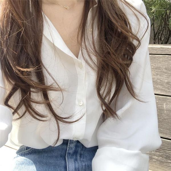 

white shirt women spring 2021 korean loose casual vintage turn-down collar ladies blouses minimalist full sleeve blouse1