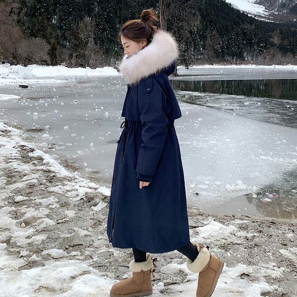 

women's down & parkas ftlzz winter women large faux fur collar long coat 90% white duck loose thick warm outwear, Black