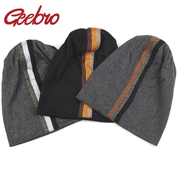 

geebro multi color ribbon skullie beanies for women female bonnets caps winter cotton stretch hats spring casual solid color cap y201024, Blue;gray