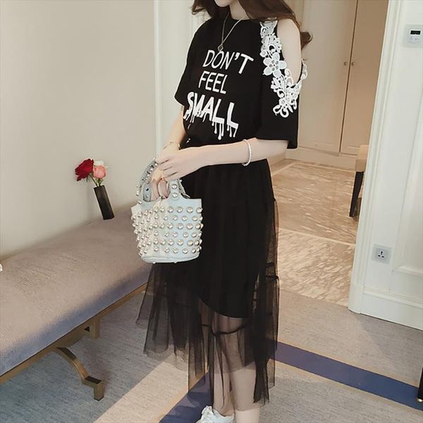 

summer o neck letter print short sleeve embroidery off shoulder t shirt dress mesh skirt two piece set, Gray