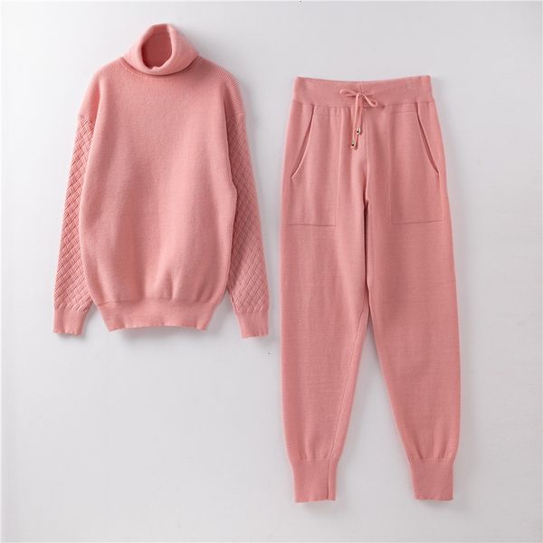 

2021 new woman sweater suits casual knit tracksuit turtleneck pullovers+pants two piece sets female outfits c2ol, Black;white