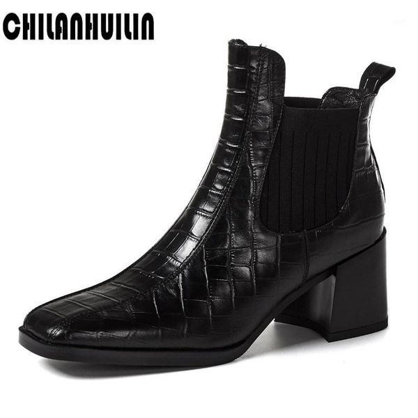 

new fashion ankle boots for women print leather autumn boots blocky high heels woman women party dress shoes1, Black