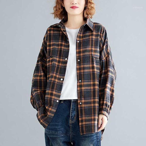 

2020 autumn new casual shirts women spring fashion loose plus size plaid shirt korean women blouse long sleeve ladies h2701, White