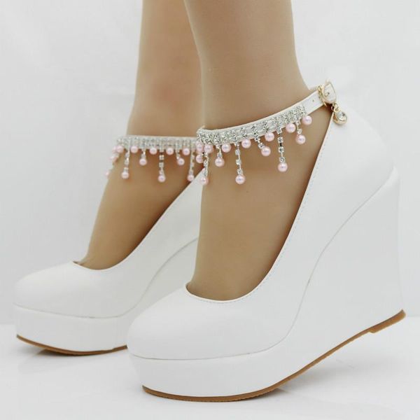 

women pumps shoes wedges round toe buckle strap .5cm high heels platform string bead wedding party female shoes plus size, Black