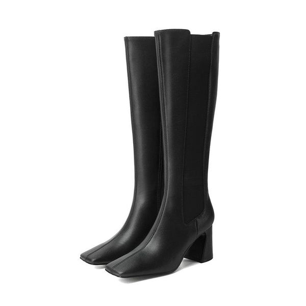 

genuine leather winter boots women knee high long boots thick high heels woman 2020 working shoes woman, Black