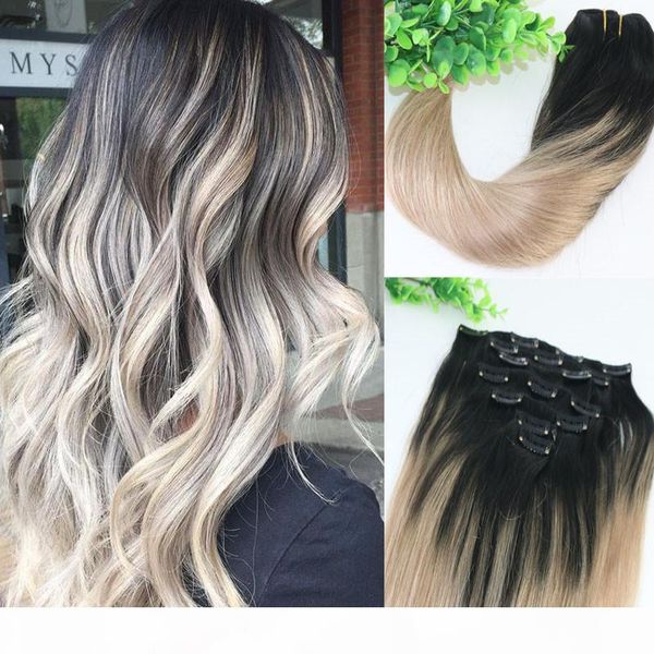 

8a 7pcs 120gram clip in human hair extensions ombre dark natural root to ash blonde balayage highlights hairstyle, Black