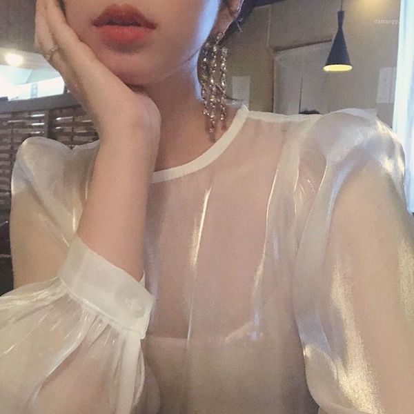 

beautiful pearls glaze look sheer women blouse puff sleeve shirt vintage sheer chemise femme chemisier blusa mujer camisa1, White
