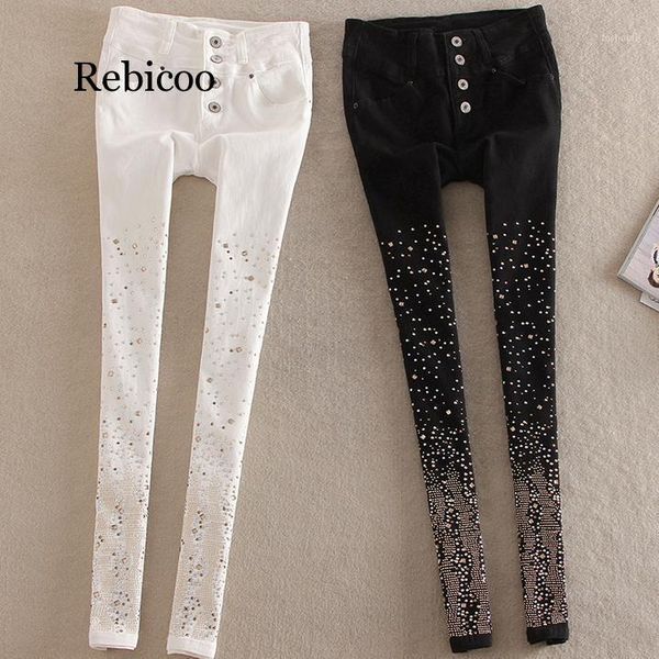 

new cotton jeans women rhinestone high waist single breasted denim pants feet pencil pants plus size1, Blue