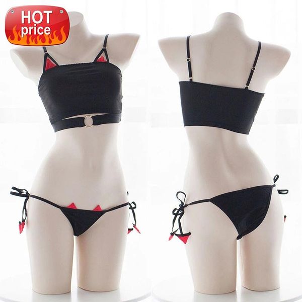 

devil lingerie ears hollow out camisole metal ring decoration lolita underwear lace-up panties black cat cosplay intimates #gj9n, Black;white