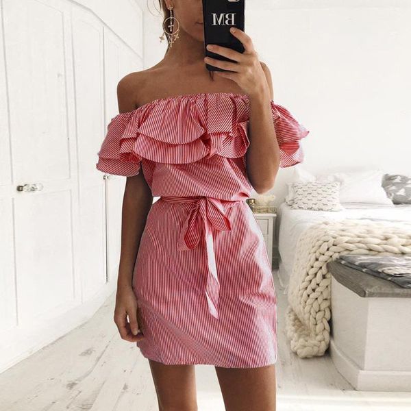 

vogue summer mini beach dress womens slash neck off shoulder ruffles stripe straight loose pink like girl dresses, Black;gray