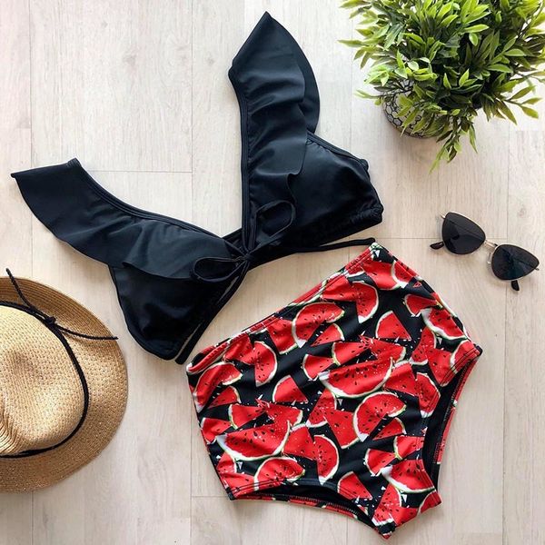 

off the shoulder bikinis women swimsuit 2020 new ruffle swimwear leaf print bathing suits beach wear swim suits biquini, Black