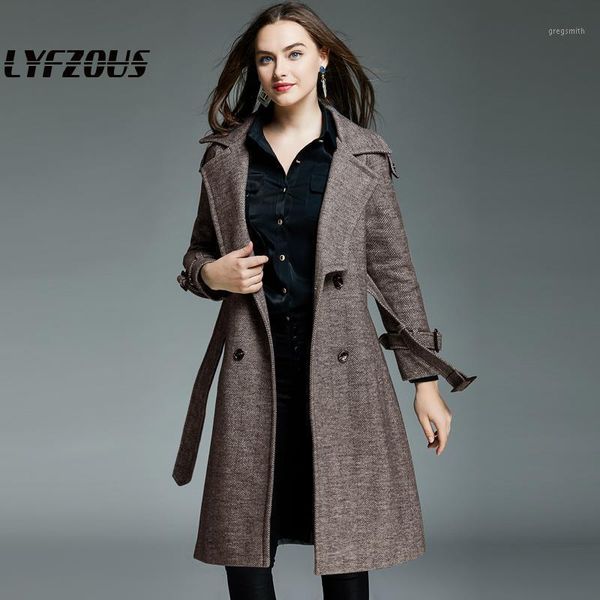 

british style woolen trench coat with belt women fine lines thick wool coats double-breasted lapel woolen coat1, Tan;black