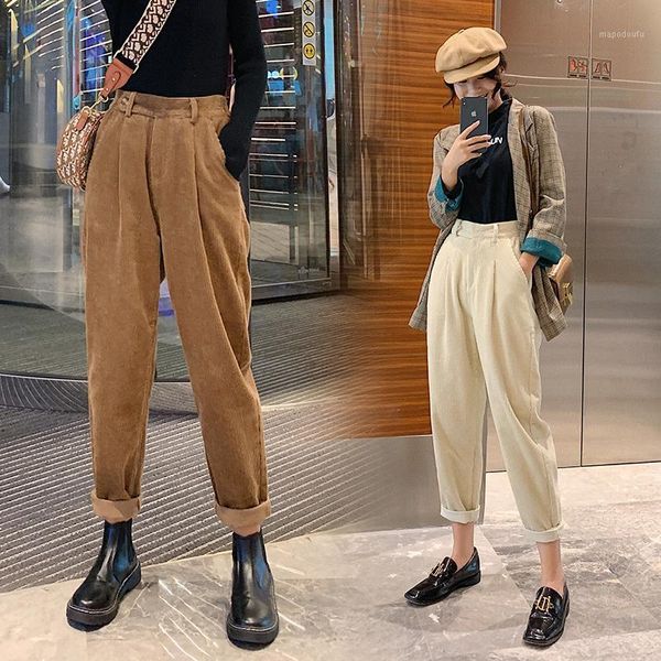 

autumn winter corduroy pants women high waist pockets trousers women plus size 2020 streetwear harem pants pantalon femme1, Black;white