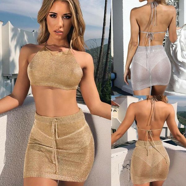 

2pcs women mesh bodycon halter crop casual party evening mini skirt set beachwear clothes set1, White