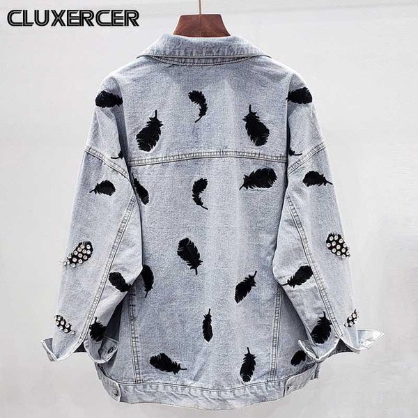 

fashion streetwear feather embroidery denim jacket women casual long sleeve loose jean coat femme cowboy1, Black;brown