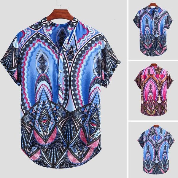 

men's casual shirts short-sleeve blouse men shirt summer mens vintage ethnic ptinted stand collar short sleeve loose henry -3xl1, White;black