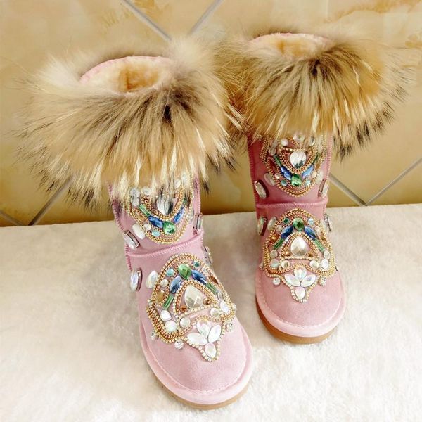

winter new handmade luxury heavy-duty rhinestone totem snow boots fur one skin fur foreign trade large size riding boots, Black