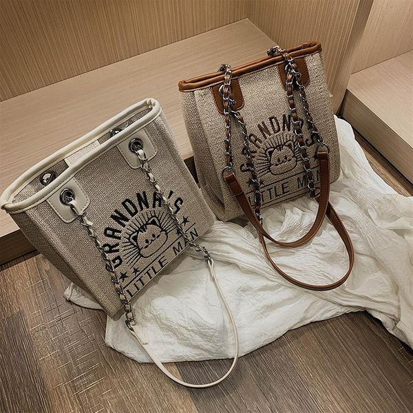 

women's embroidery single shoulder crossbody bag all-match large capacity chain canvas tote bag 2020 female beach travel handbag