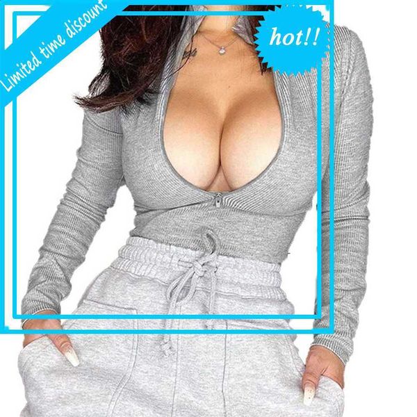 

retrieve women effects color cropped t-shirt long mouw half-open collar rits used rubbed thin clothing, White