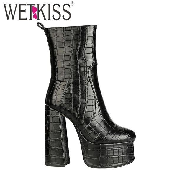 

wetkiss 2020 зимние новые высокие каблуки ботильоны женщины пинетки кожа pu круглый toe zipper женский загрузки платформы женская обувь, Black