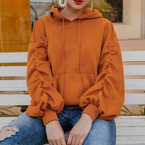 

y2k long sleeve shirt women and bloues winter sportswear casual women's pleated sleeve pocket drawstring hoodie multi color, Black