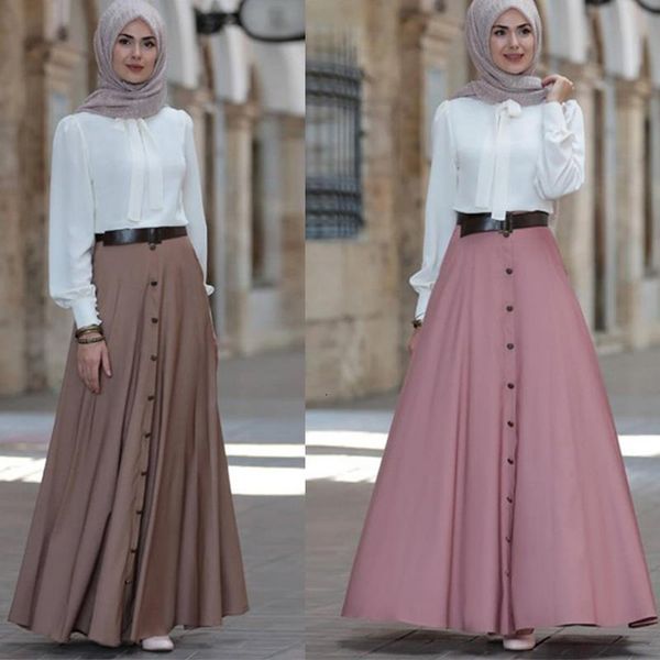 

large swing long skirt women dubai muslim elegant high waist button a-line skirts laides arab solid islamic clothing plus size, Black